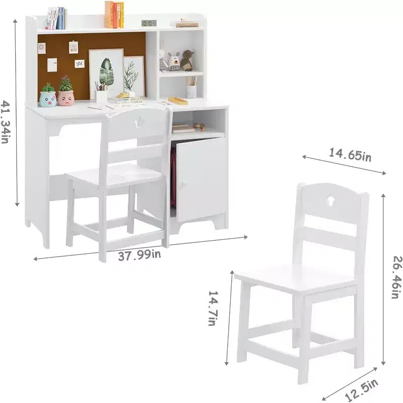 Kids Desk and Chair Set, Wooden Study Desk with Hutch, Storage Cabinet, Writing Desk-Computer Workstation for Kids Bedroom & Study Room,White