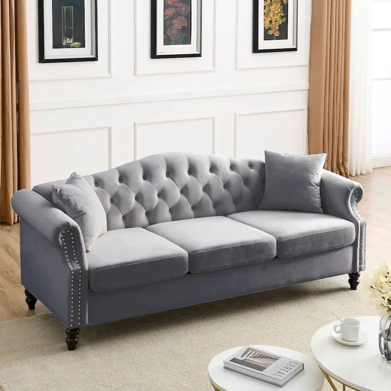 Chesterfield 3-Seater Upholstered Tufted Sofa with Rolled Arms and Nailhead