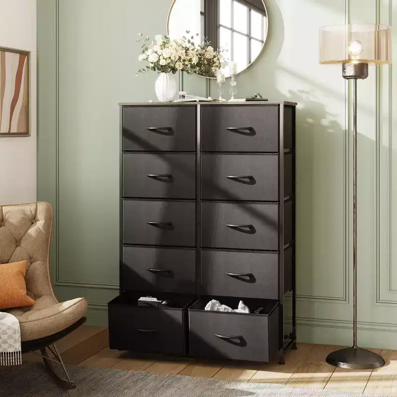 Tall Dresser with 10 Fabric Drawers, Storage Tower with Cabinet, Metal Frame, Organizer Units for Closet