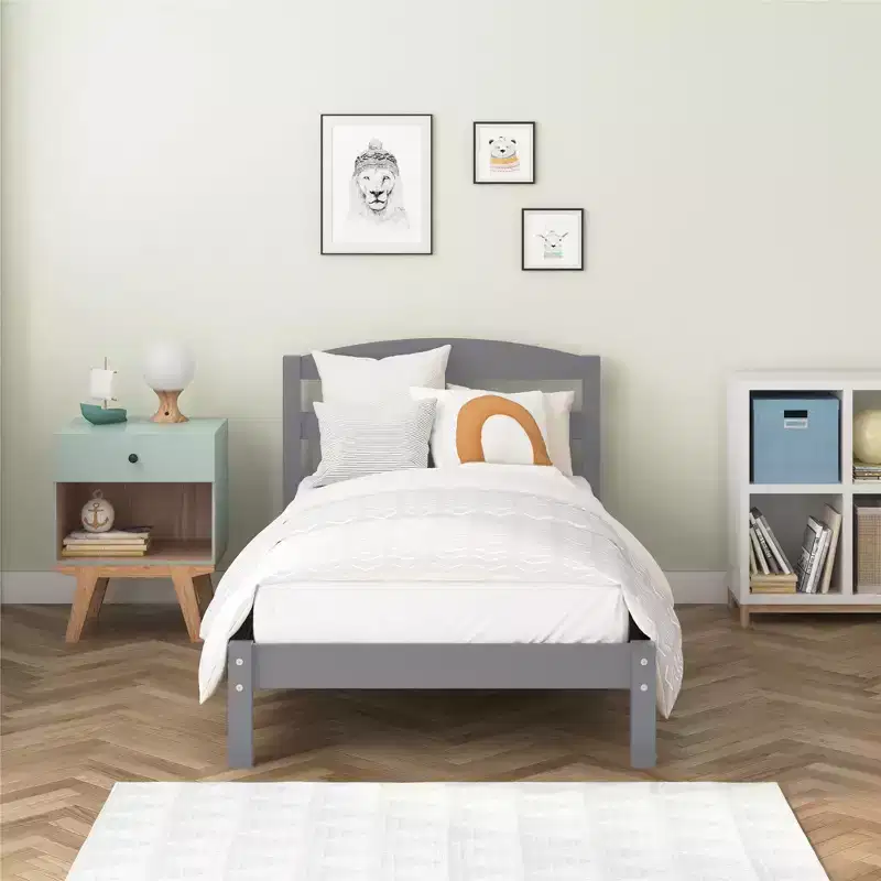 Wooden Platform Bed with Headboard, Twin, Gray