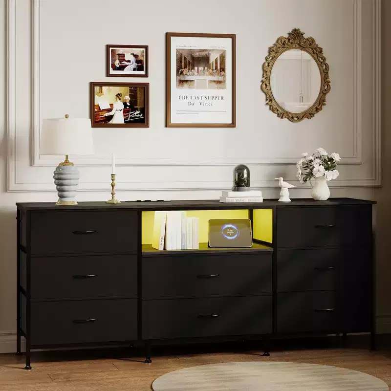 63 Media Console with 8 Fabric Drawers, Steel Frame TV Stand for Up to 75 Inch TVs, Storage Dresser for Living Room or Bedroom
