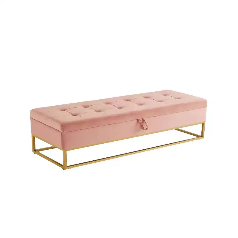 Metal Base Storage Velvet Bench for Bedroom, Living Room & Hallway - Pink