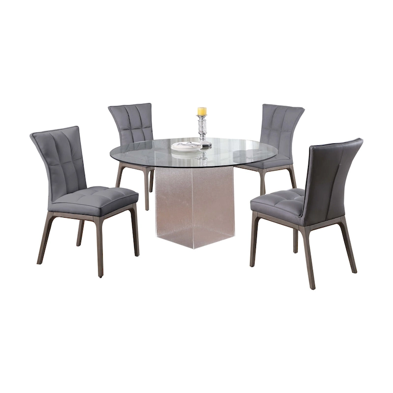 Somette 5-Piece Dining Set with Round Glass Table, Acrylic Base & 4 Tufted Side Chairs