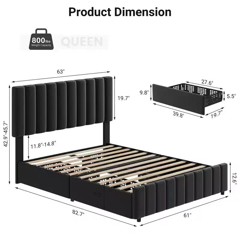 King Size Bed Frame with Upholstered, Platform Bed Frame with Storage Drawers, Adjustable Height Headboard, Easy to Assemble