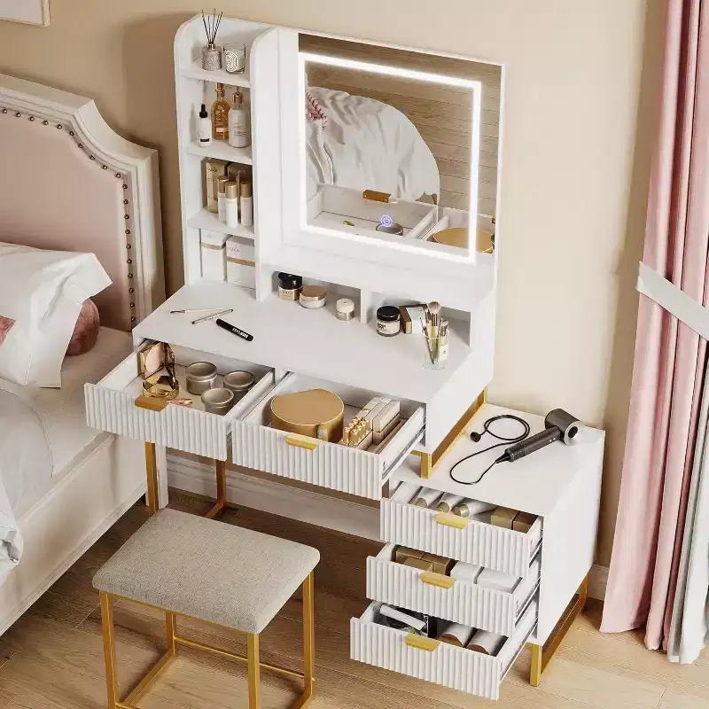 Makeup Vanity Desk with Lighted Mirror, 5 Drawers, Stool and Side Storage Cabinet