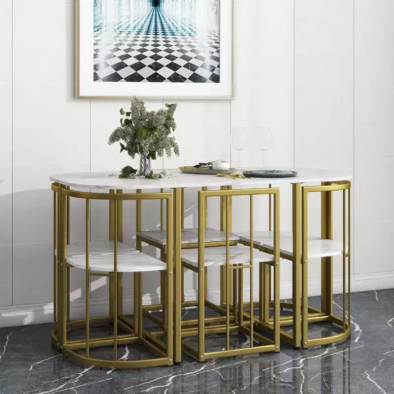 Modern Marble Dining Table Set for 6 with Metal Frame, Rectangular Marble Sticker Table and 6 Chairs for Dining Room Kitchen