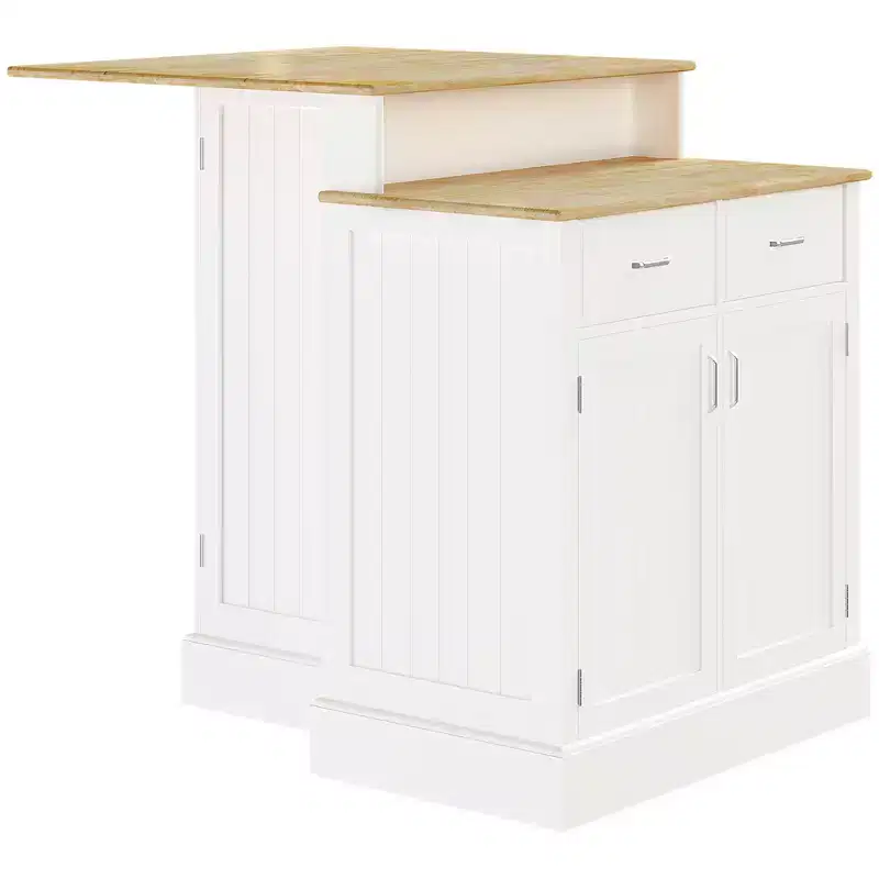 GDFStudio Callie Two-Tier Kitchen Island Table with Rubber Wood Top, Storage Cabinets and Pull-Out Drawers