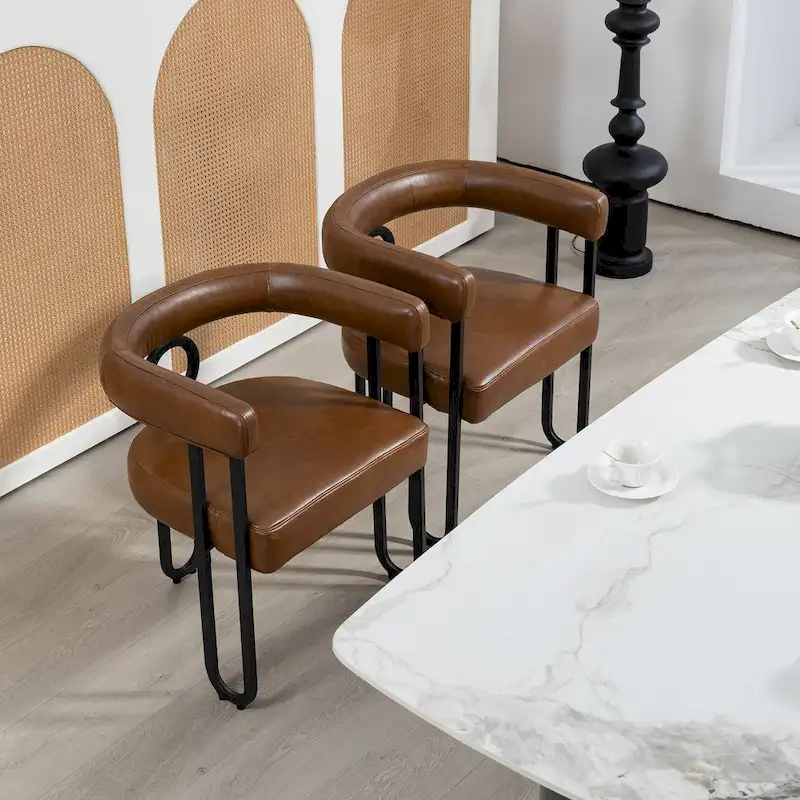 Contemporary PU Dining Chair set of 2, Barrel Chair with Matte Black Metal Legs and Round Thickened Cushion