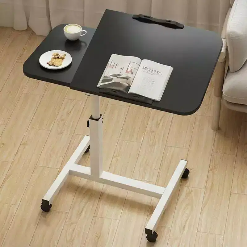 Black & White Height-Adjustable Rolling Side Table with Tilting Top, Single User