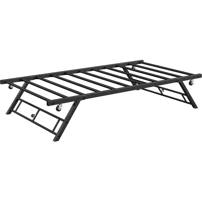 Twin Pop Up Trundle Bed Frame with Lockable Casters, Foldable Metal Platform Daybed, Easy Storage and Assembly