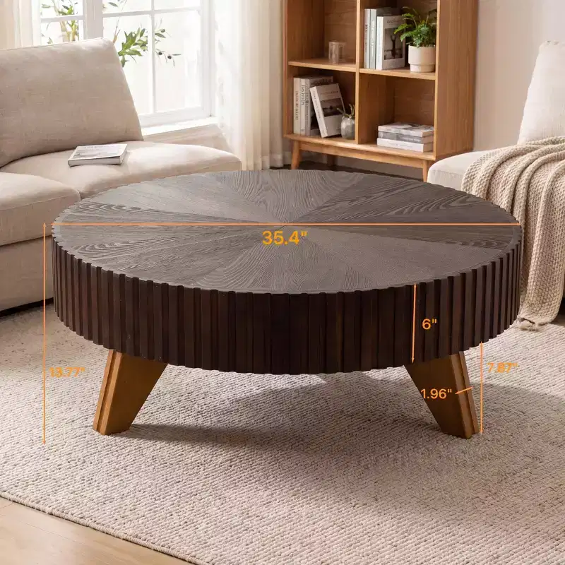 JVNOXK 35.4 Round Retro Brown Coffee Table, Sturdy Solid Wood Legs MDF Tabletop for Living Room Home Decor