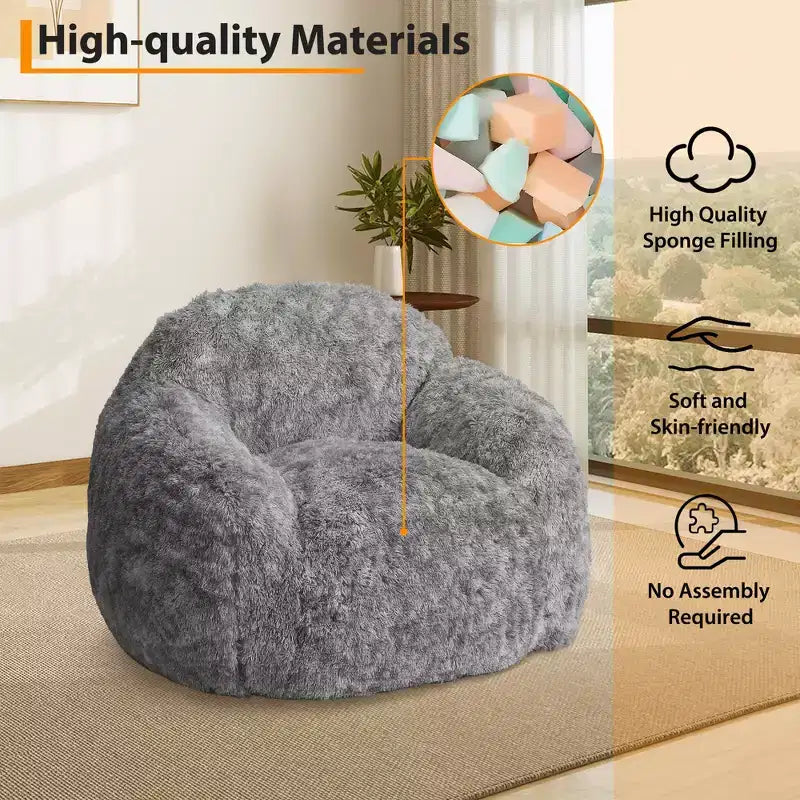 Adult Faux Fur Bean Bag Chair with Armrests - High-Density Foam Floor Sofa