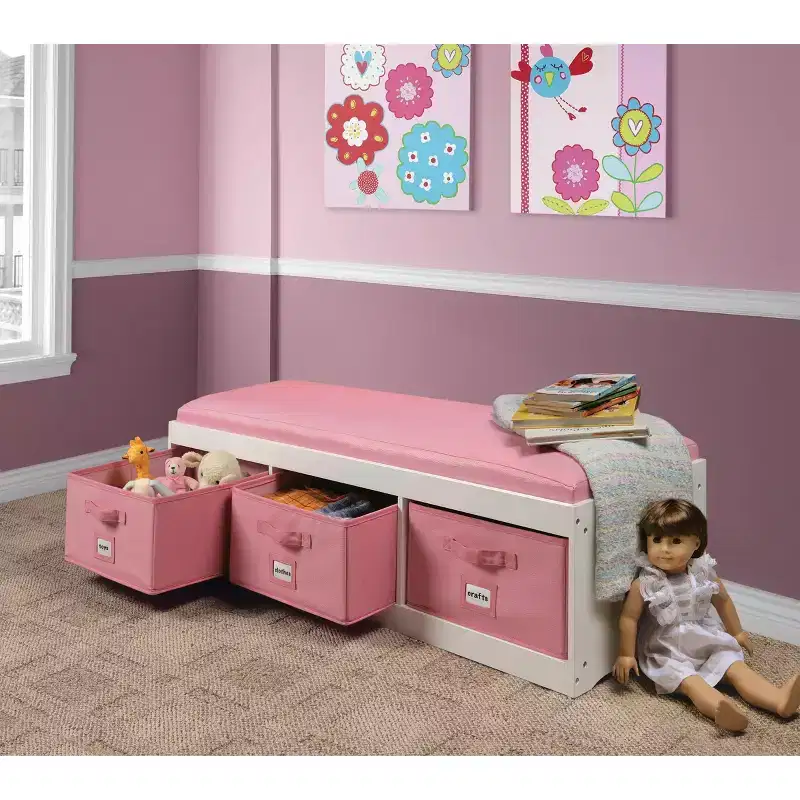 Kids' Storage Bench with Cushion and Three Bins White with Pink