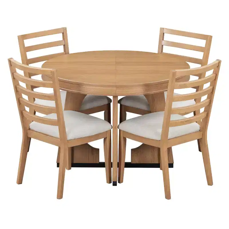 Whisen 5-Piece Retro Rustic Functional Dining Set with 1 Extendable Table and 4 Upholstered Chairs