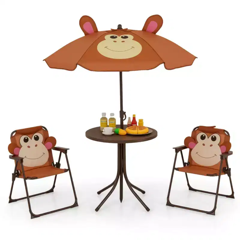 Costway Kids Picnic Table & Chair Set with 2 Folding Chairs & Height Adjustable Umbrella Brown/Green/Pink