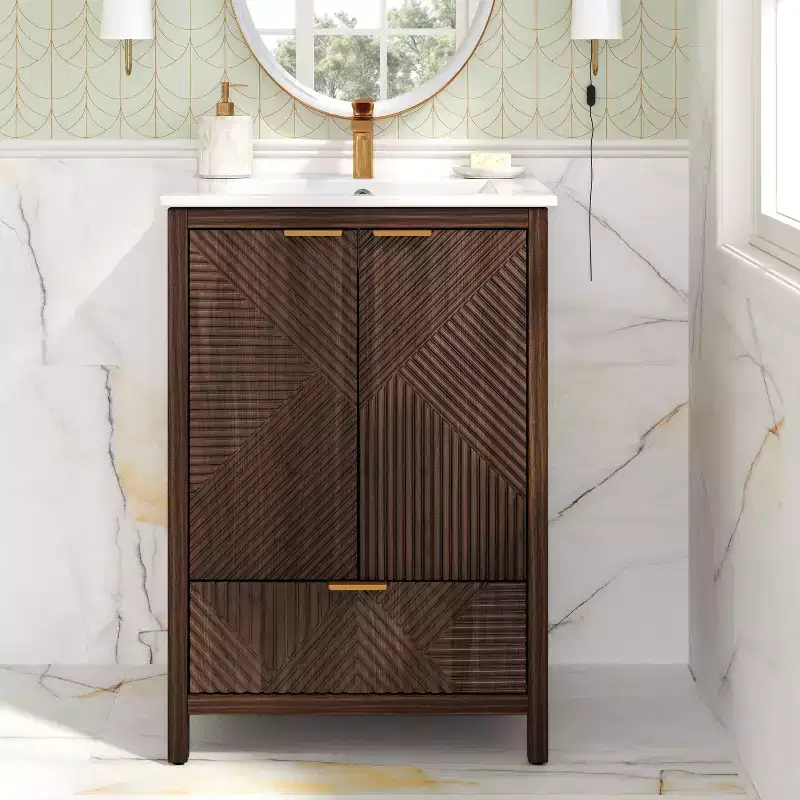 Bathroom Vanity 24-Inch, Modern Sink Combo, Single-Hole Faucet, Textured Doors, Drawer, Pine Legs, Large Storage, Soft-Close Hinges