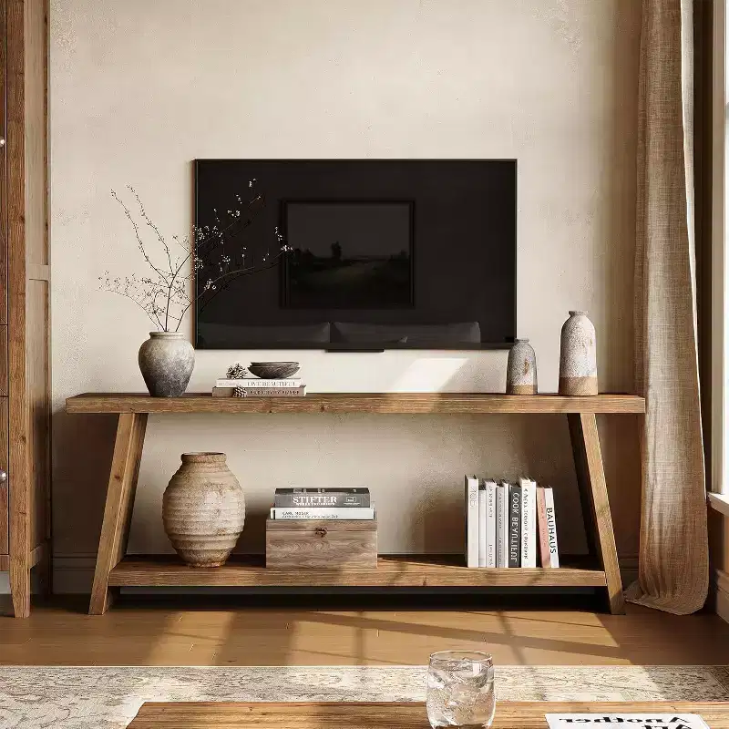 Lantine Solid Wood TV Stand, 2-Tier Farmhouse Media Console for 55/60/65 inch TV, Mid-Century Modern TV Stand for Living Room (Brown, 63-Inch)