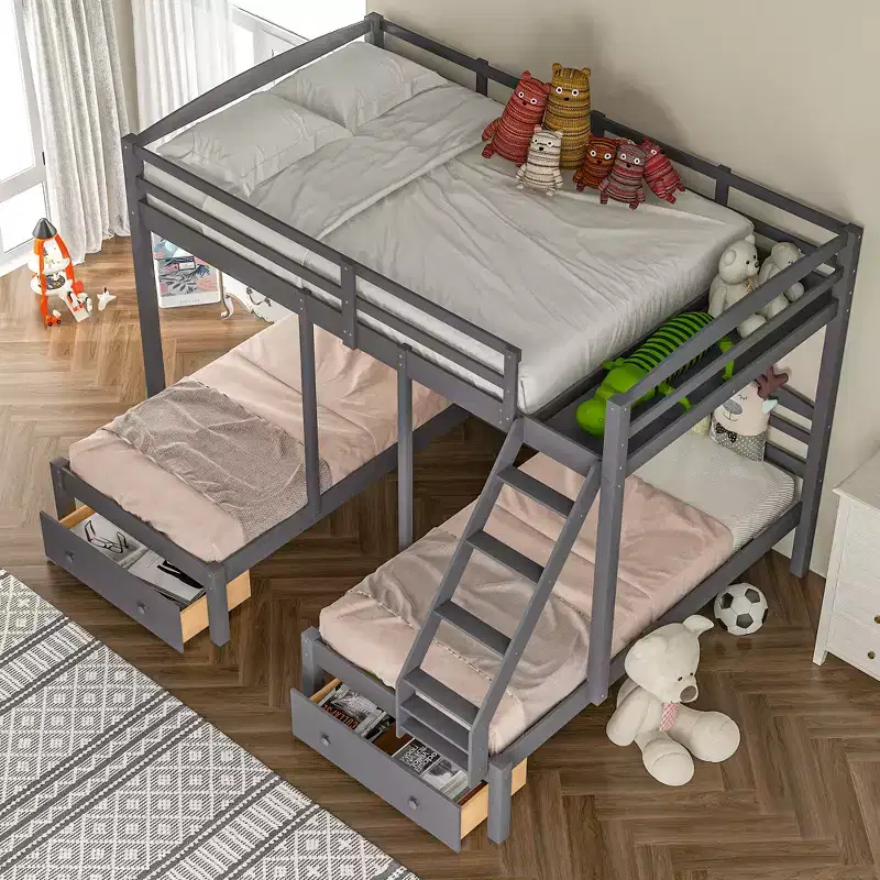 GDFStudio Bishop Wood Bunk Bed,Triple Bunk Bed with Drawers