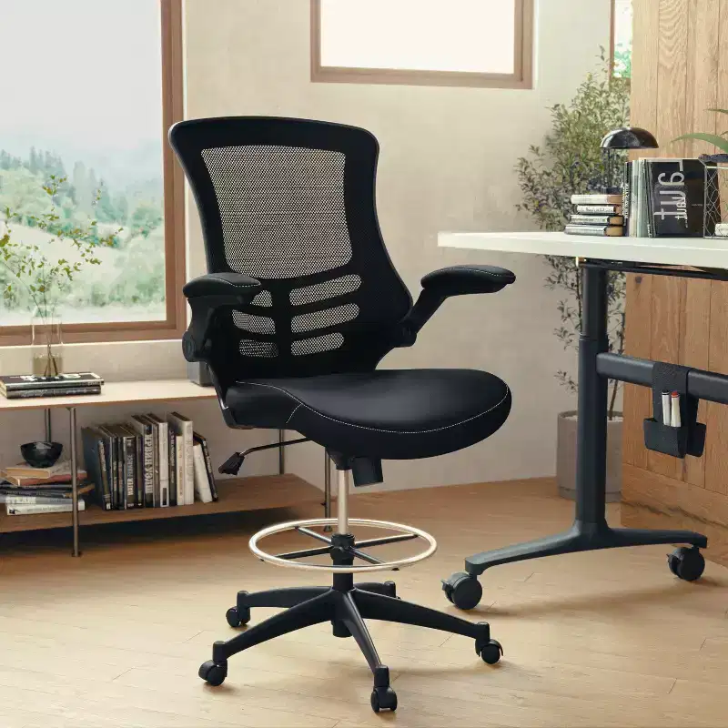 Emma and Oliver Mid-Back Mesh Ergonomic Drafting Chair with Foot Ring and Flip-Up Arms