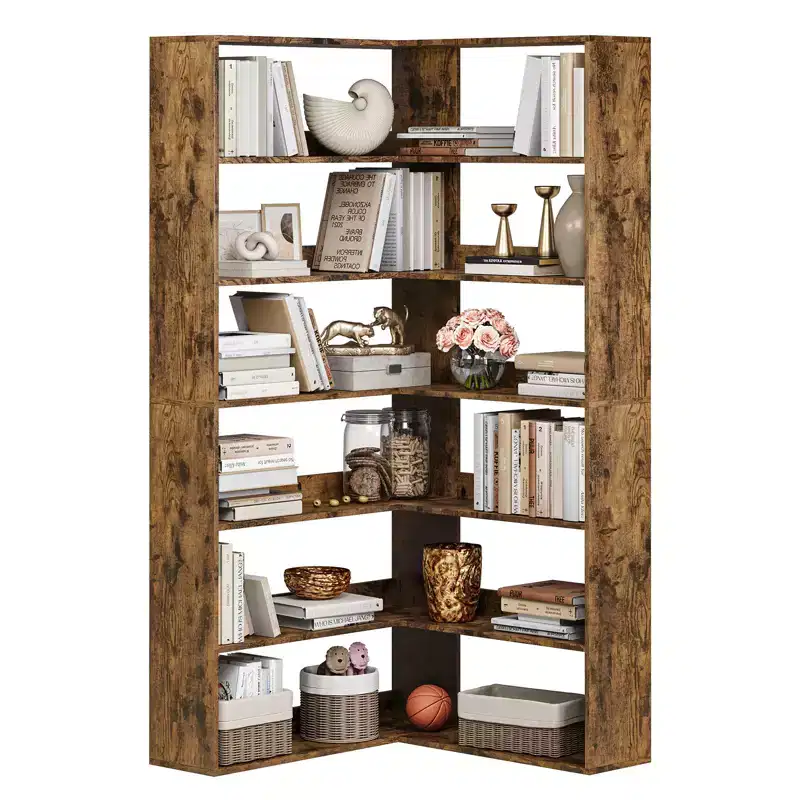 L-Shaped High-Rise 6-Tier Corner Bookshelf with Dividers Living Room Home Office Vintage-Style Display Storage Rack