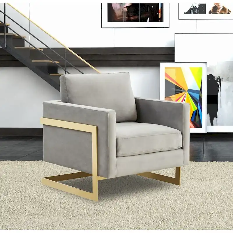 LeisureMod Lincoln Mid-Century Velvet Accent Arm Chair With Gold Frame - 34