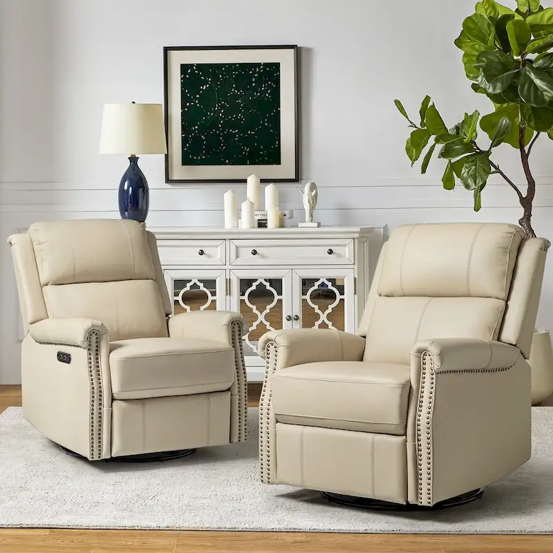 Renato Traditional Genuine Leather Nailhead Power Swivel Recliner Chair with Metal Base Set of 2 by HULALA HOME