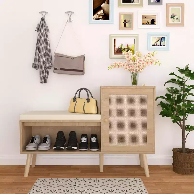 2-in-1 Shoe Storage Bench with Faux Rattan Doors and Cushioned Seat