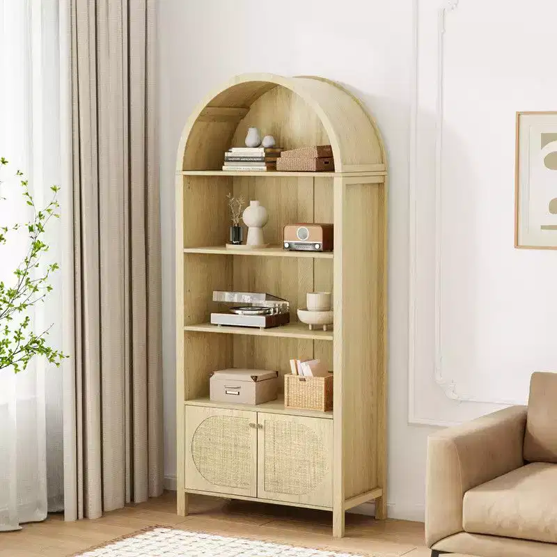 Oak Arched with 2 Doors Rattan 3-Shelf Display Cabinet