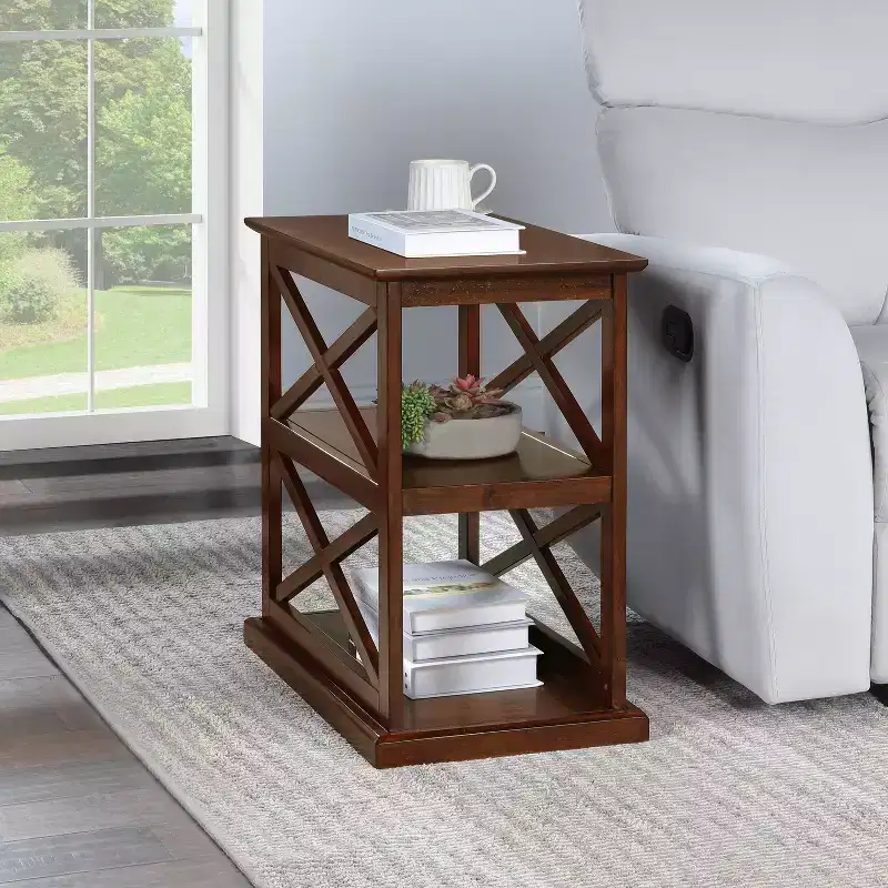 HomeStock Belmont Chairside End Table with Shelves Modern Farmhouse Three-Tier Storage Solid Wood with Beveled Edges for Living Spaces