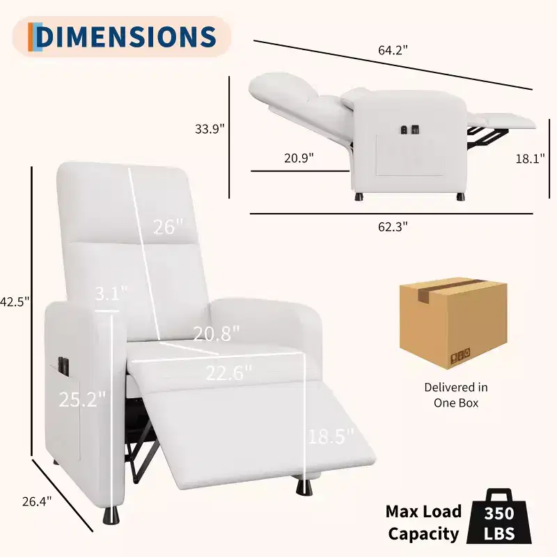 White/Brown/Black Single-Seat Power Recliner Chair, Tall Back, Adjustable Footrest