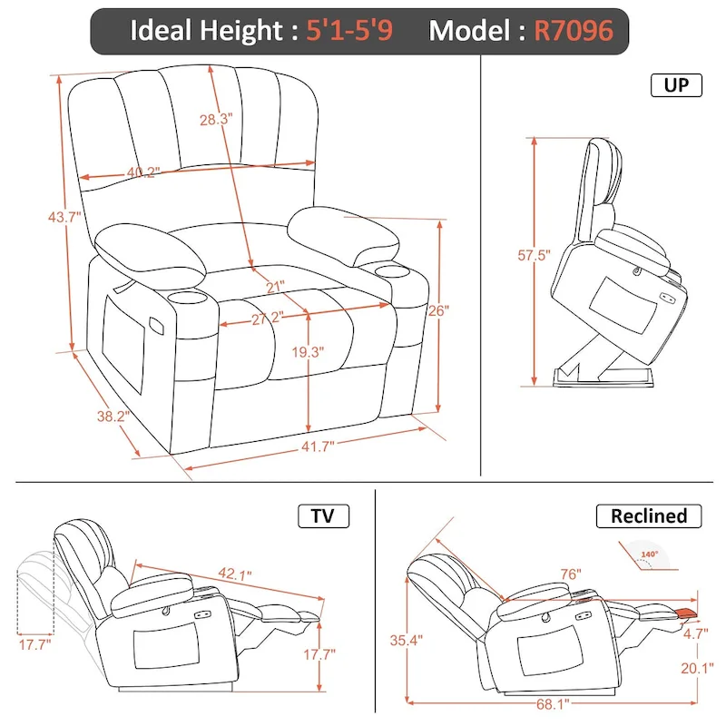 MCombo Power Lift Recliner Chair Sofa with Massage and Heat, Faux Leather R7096 (Medium-Wide)