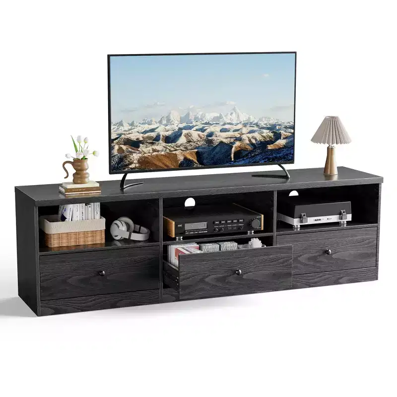 GustoWave Black TV Stand for up to 80 Inch TVs, Modern Media Console Table with 3 Drawers & 3 Open Shelves for Living Room Bedroom