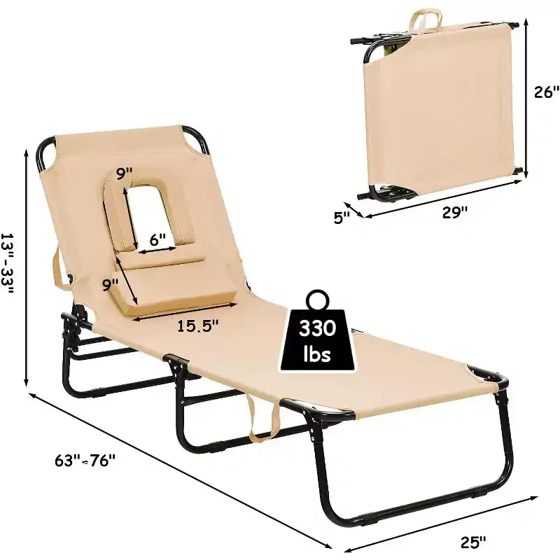 Summit Adventure 5-Position Folding Beach Chair - Padded Pillow & 330LB Capacity, No Assembly (Beige)