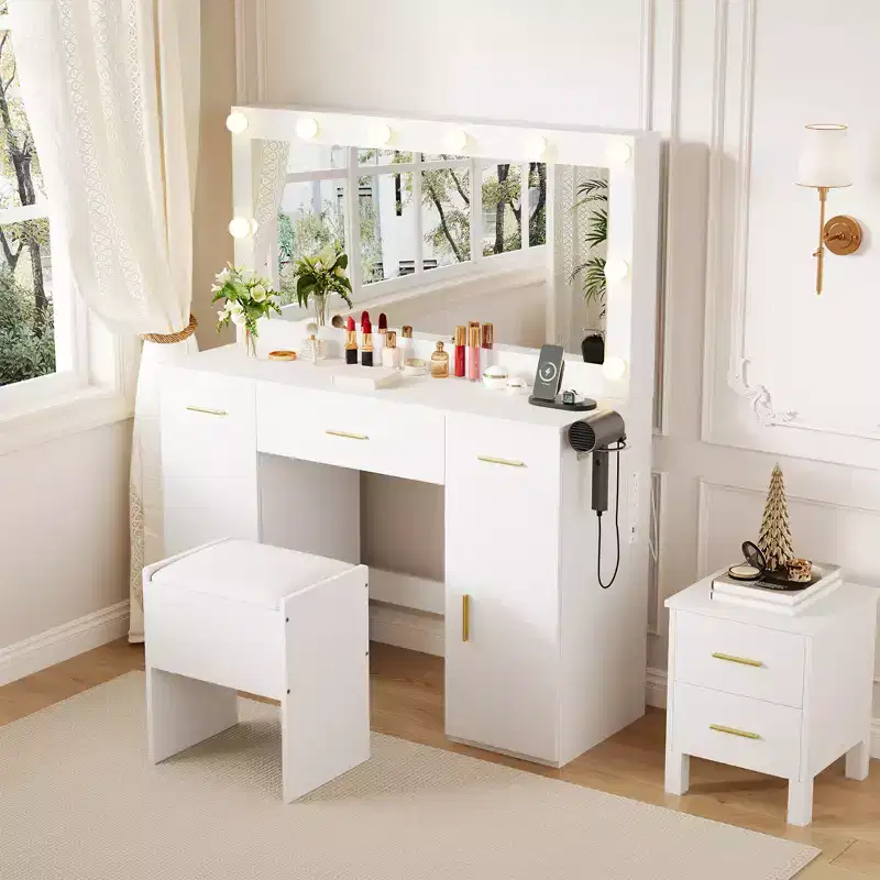 MDF Vanity Desk with Mirror & Storage Stool 45''W White
