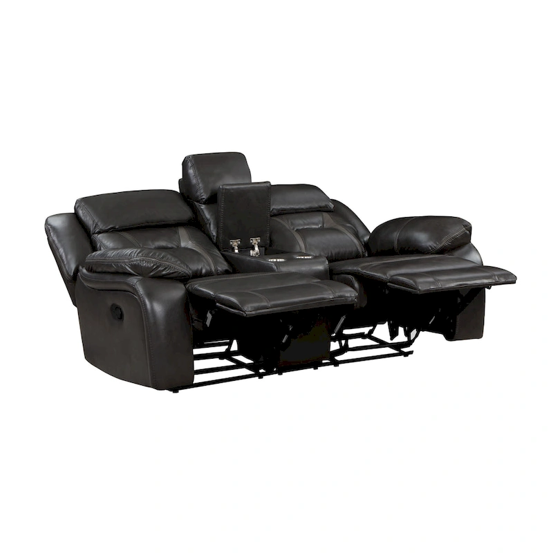 Millie 76 Inch Manual Dual Recliner Loveseat, Cupholders, Gray Faux Leather