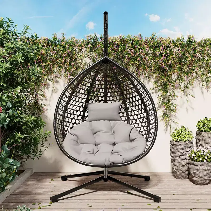 GDFStudio Anderson Hanging Egg Rattan Chair with Stand and Soft Removable Cushion