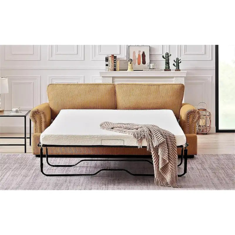 76-Inch Corduroy Sofa Bed with Round Arms and Pull-Out Queen Mattress
