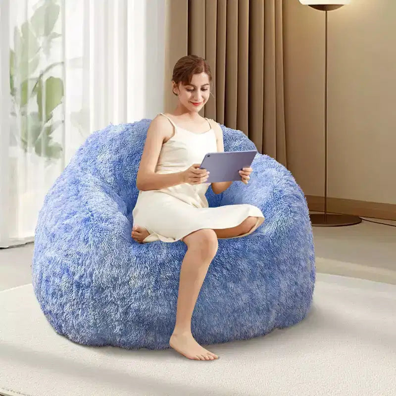 Adult Faux Fur Bean Bag Chair with Armrests - High-Density Foam Floor Sofa