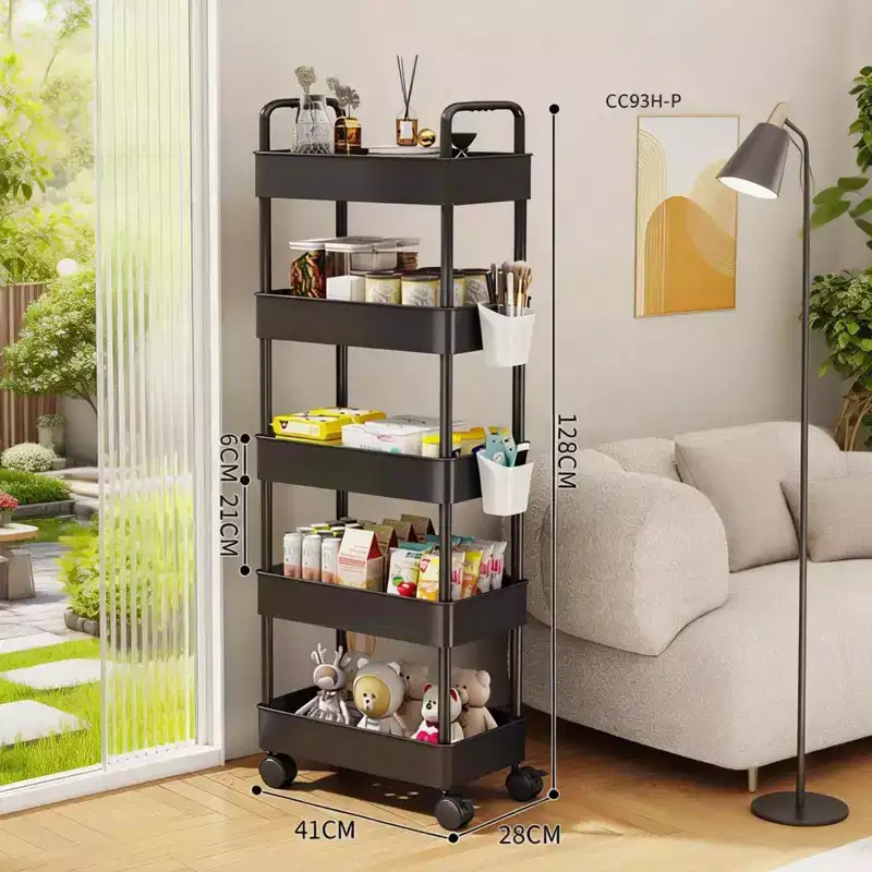 5-Tier Slim Rolling Storage Trolley Cart with Handle, ABS Plastic, Space-Saving Narrow Organizer