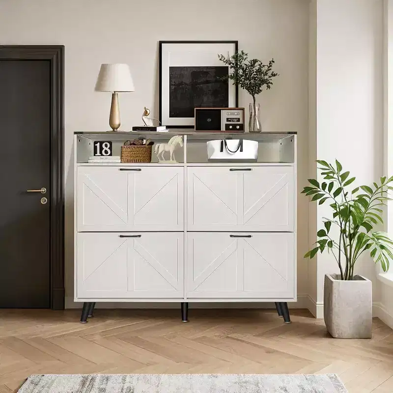 Shoe Cabinet with 4 Flip Drawers, Slim Freestanding Shoe Organizer with Metal Legs, Narrow Entryway Storage Cabinet, White