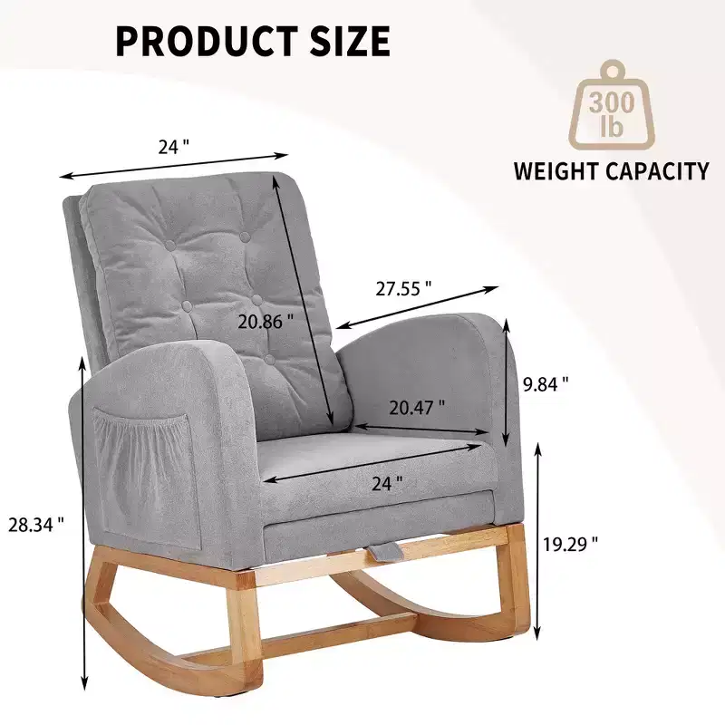 VECELO Modern Upholstered Rocking Chair with Padded Seat & Solid Wood Base, Linen Rocker Armchair for Living Room, White/Gray