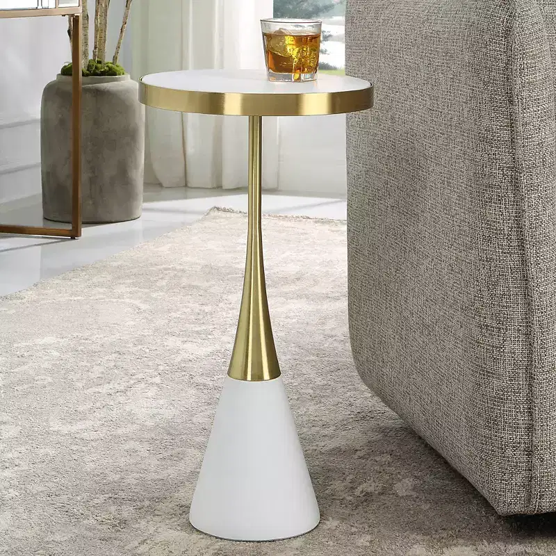 Uttermost Apex 12 1/2W Matte White Brushed Brass Round Accent Table