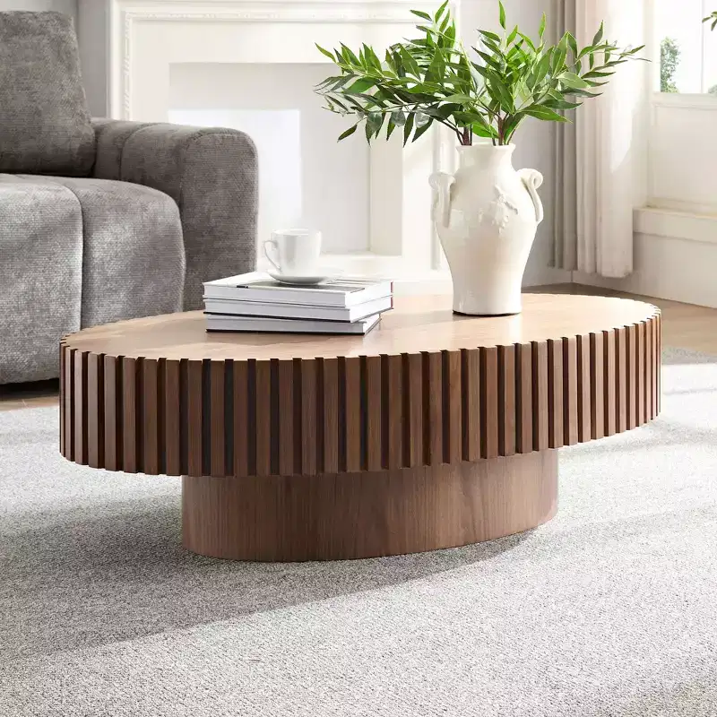 43 Inch Modern Drum Oval Coffee Table, MDF Center Table for Living Room Bedroom, Small Space Friendly