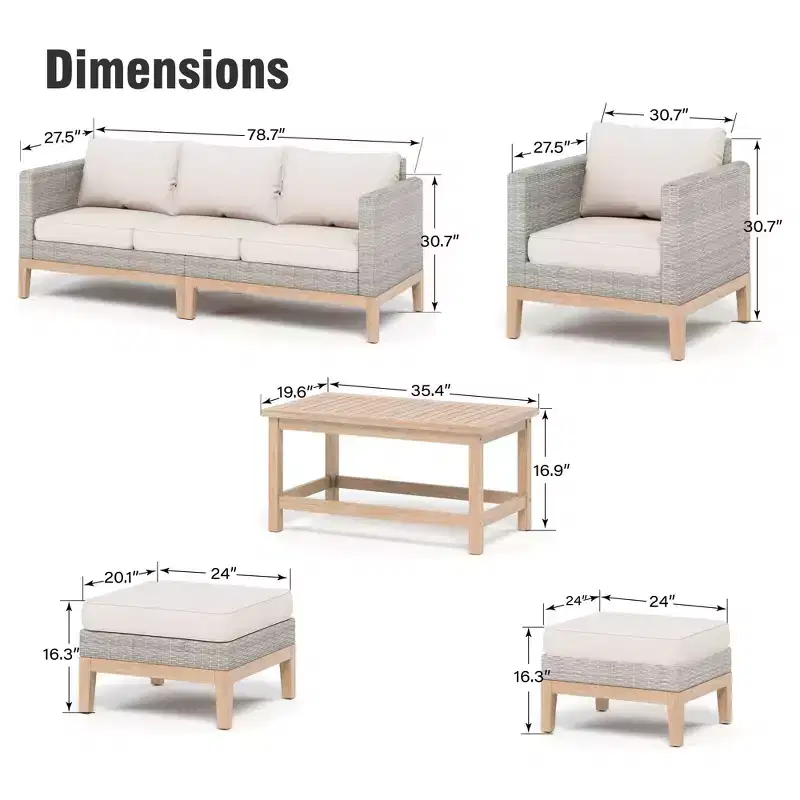 Captiva Designs 5pc outdoor patio wicker rattan cushioned conversation set with armchairs, ottomans and solid wood table