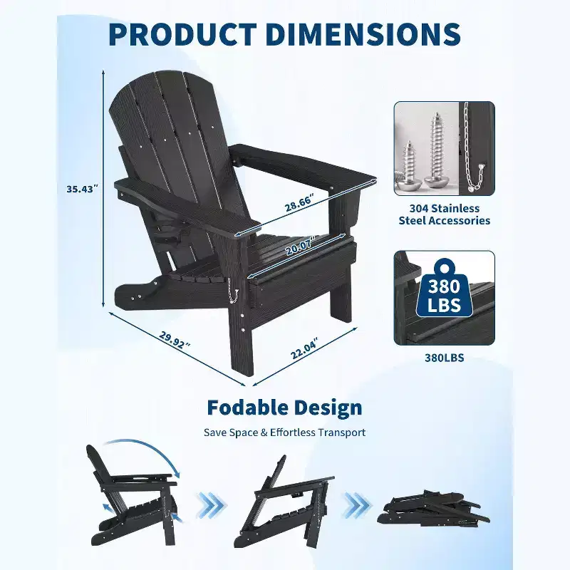 Folding Adirondack Chairs, All-Weather HDPE Outdoor Seating with Wood Texture & Cup Holders for Patio, Fire Pit, and Garden,White