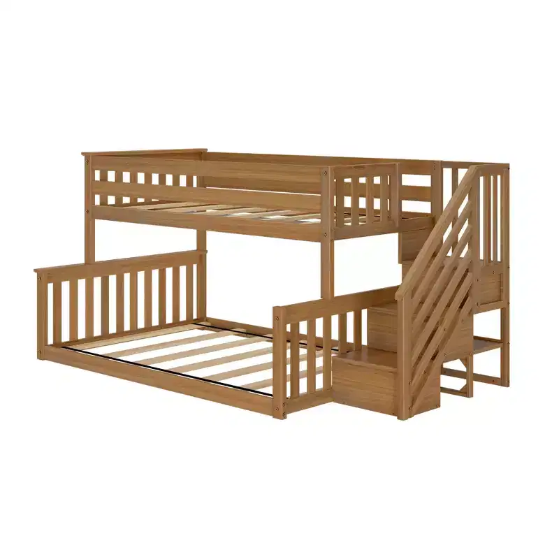 Wooden Twin over Full Low Bunk Bed for Kids with Staircase