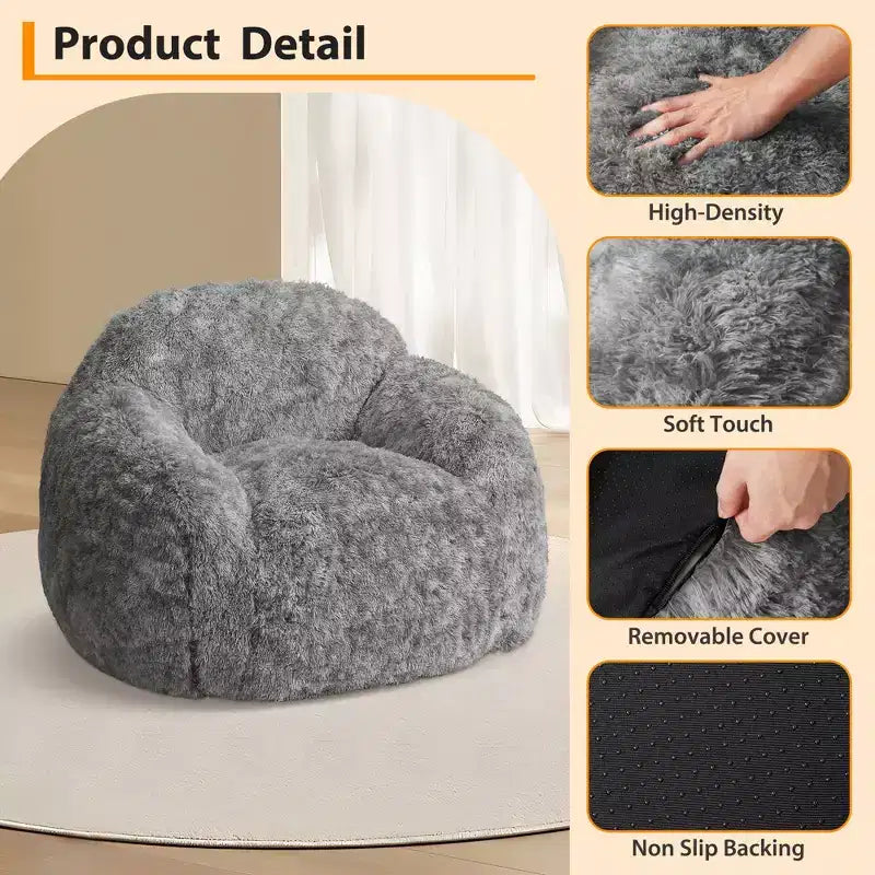 Adult Faux Fur Bean Bag Chair with Armrests - High-Density Foam Floor Sofa