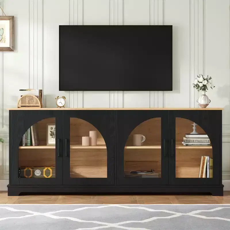 Farmhouse TV Stand for TVs Up to 70 with Semi-Arched Glass Doors, Two-Tone Media Console Sideboard with Adjustable Shelves - ModernLuxe