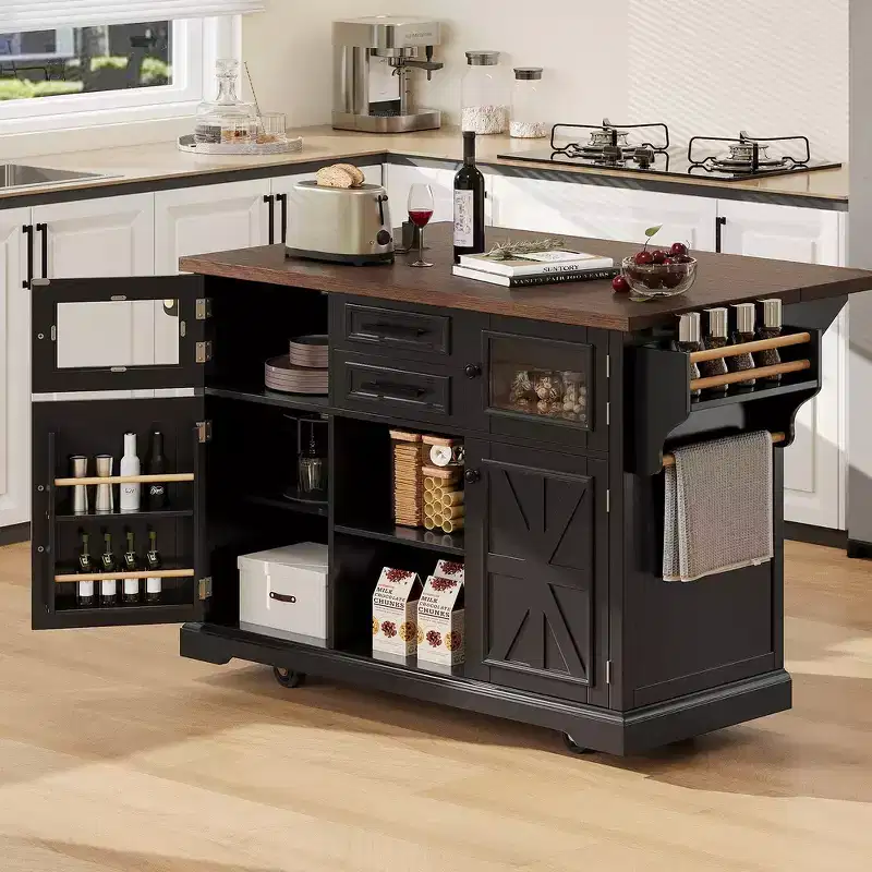 Whisen 54.9 Kitchen Island, Drop Leaf, Power Outlet, Cross Barn Doors & 4 Wheels
