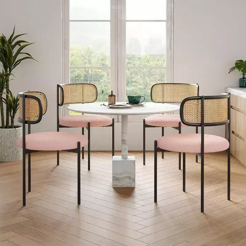 Modern Upholstered Dining Chairs Set of 4 Rattan Back Dining Room Chairs Accent Kitchen Chairs with Metal Legs Pink